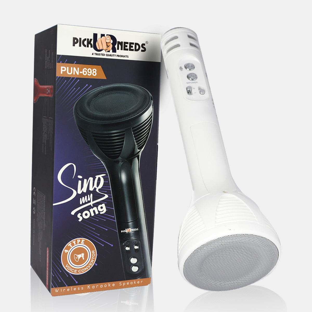 Pick Ur Needs Karaoke Mic with Led Light Wireless Bluetooth Microphone Connection Player Speaker 2-in1 with Recording + USB+FM